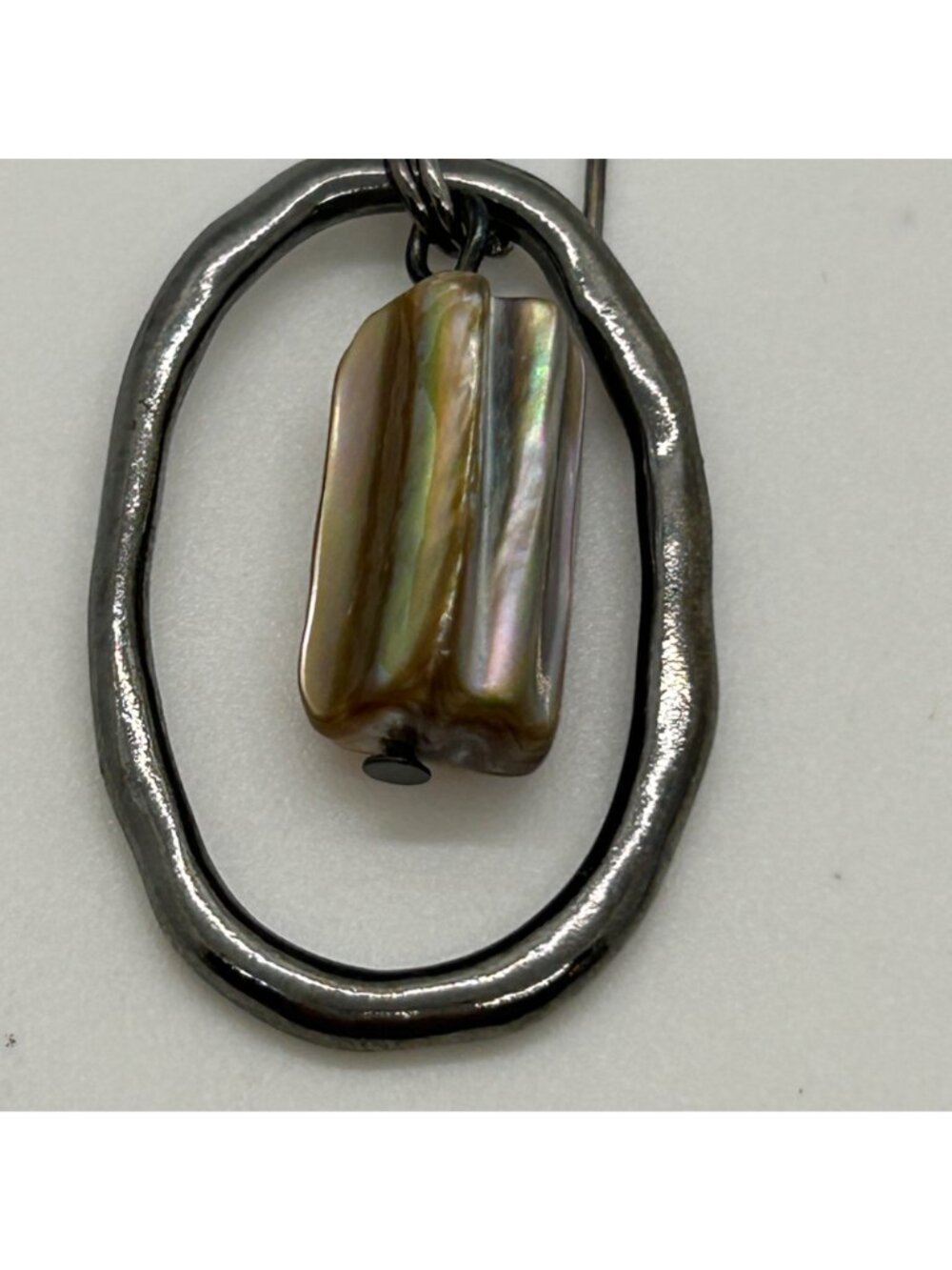 Handmade Silver Tone Earrings Mother Of Pearl Abalone Shell Oval Frame Dangle - Picture 6 of 10
